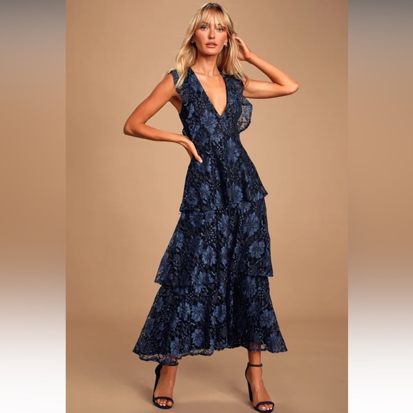 Lulus Dresses & Skirts - NWT Lulus Molinetto Navy Blue Lace Ruffled Tiered Sleeveless Maxi Dress